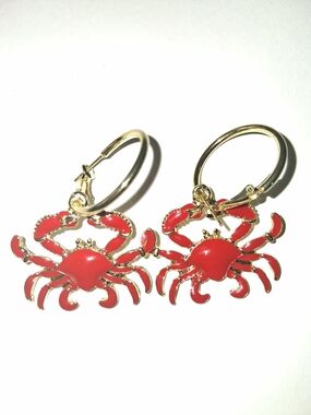 Gold Hoop Earrings with Red Crab Charms